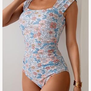 New Modest one piece Swimsuit Floral Wide Straps Side Rushing Women’s L Bodysuit